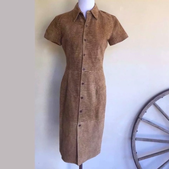 RALPH LAUREN 🐊 Glove Soft Leather Crocodile Print Western Shirt Dress Tan 8 - Picture 1 of 9